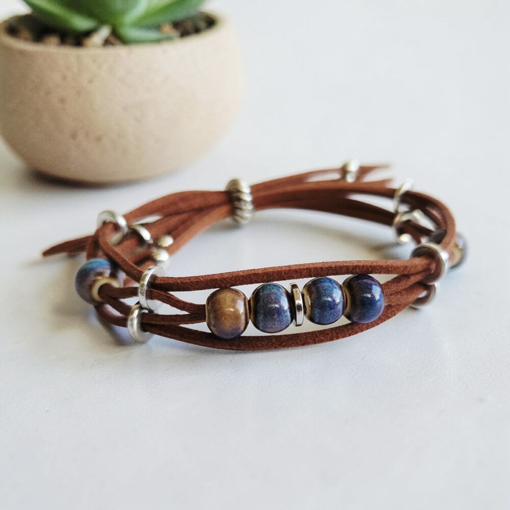 Boho Chocolate Brown Suede Slide Bracelet with Earthy Ceramic Beads